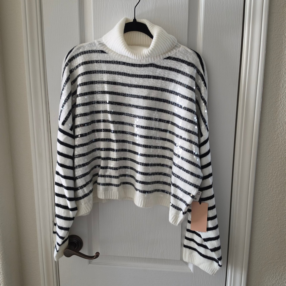 Halogen Nordstrom Womens XL Sequin Striped Turtleneck Sweater White Black